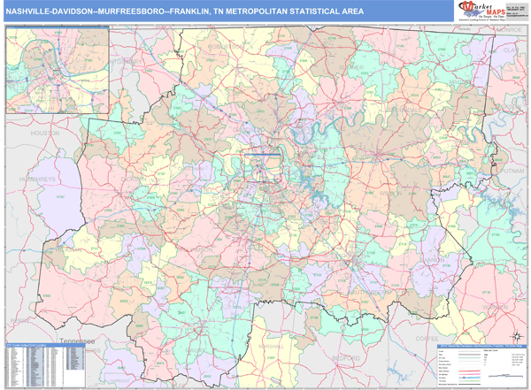 Nashville-Davidson-Murfreesboro-Franklin Metro Area Digital Map Color Cast Style